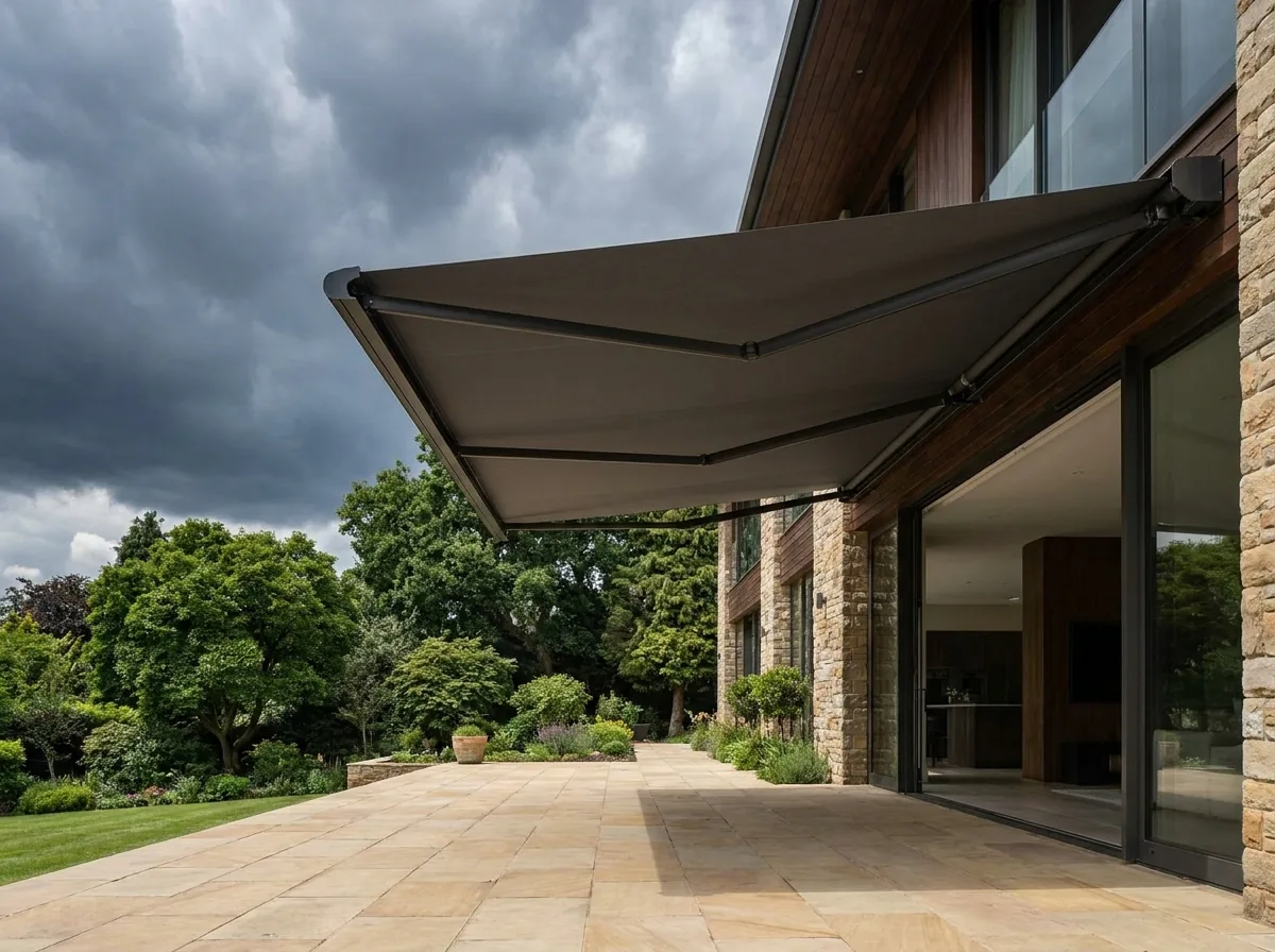 A folding-arm awning with a flat taut canopy extended over a paved patio, its articulated arms visible beneath, with dark highveld thunderstorm clouds building over the garden trees behind