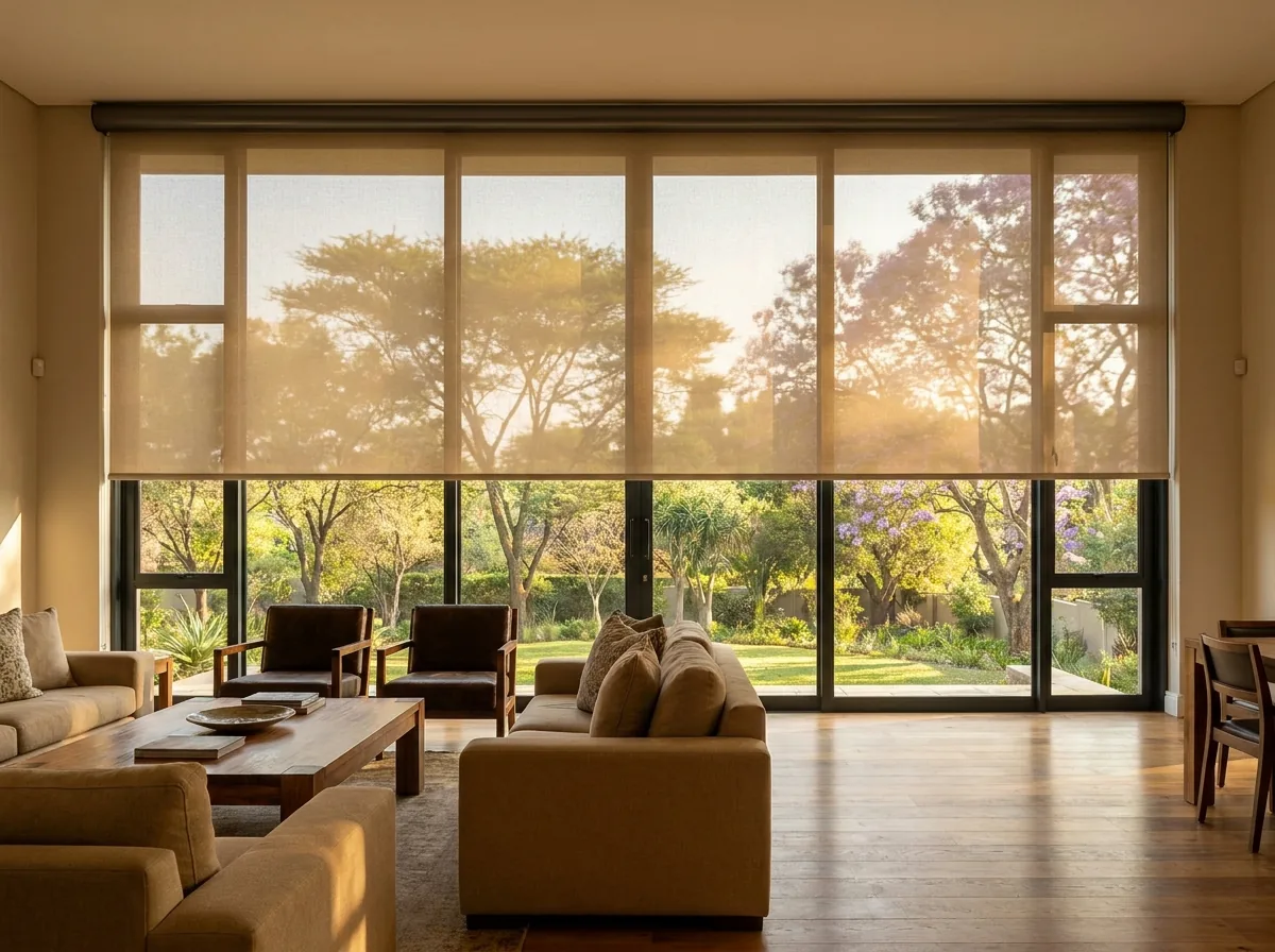 Wide living-room glazing seen from inside, with flat open-weave sunscreen roller blinds lowered across the upper half of the glass, softening late-afternoon glare while the garden trees stay visible through the weave
